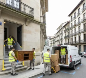 Equipo realizando vaciado de casa en Donostia con protecciones y carga en furgón.